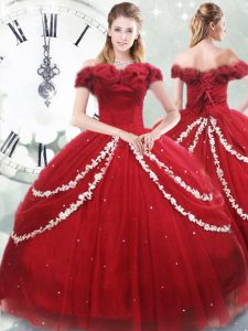 Sleeveless Appliques and Pick Ups Lace Up Quinceanera Dress with Wine Red Brush Train