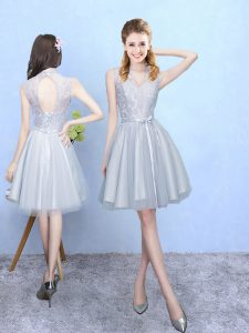 Fashion V-neck Sleeveless Lace Up Bridesmaids Dress Silver Tulle