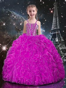 Latest Fuchsia Ball Gowns Straps Sleeveless Organza Floor Length Lace Up Beading and Ruffles Girls Pageant Dresses