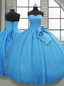 Sweetheart Sleeveless Quinceanera Gowns Floor Length Bowknot Baby Blue Tulle