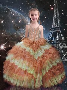 Orange Red Straps Lace Up Beading and Ruffled Layers Kids Pageant Dress Sleeveless