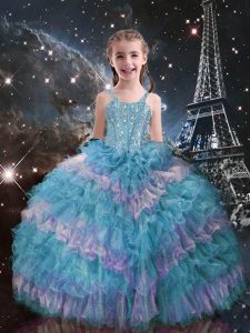 Teal Ball Gowns Straps Sleeveless Organza Floor Length Lace Up Beading and Ruffled Layers Girls Pageant Dresses