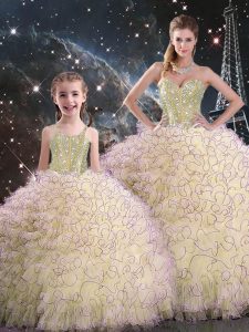 Luxurious Sweetheart Sleeveless Quinceanera Gown Floor Length Beading and Ruffles Light Yellow Organza