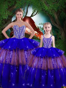 Inexpensive Beading and Ruffled Layers Sweet 16 Dress Royal Blue Lace Up Sleeveless Floor Length