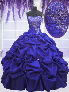Sleeveless Taffeta Floor Length Lace Up 15th Birthday Dress in Navy Blue with Beading and Pick Ups