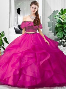 Hot Pink Off The Shoulder Lace Up Lace and Ruffles Ball Gown Prom Dress Sleeveless