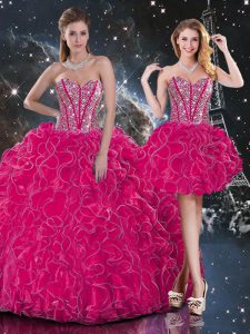 Hot Pink Organza Lace Up Quinceanera Gown Sleeveless Floor Length Beading and Ruffles
