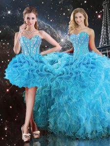 Super Sweetheart Sleeveless Lace Up 15 Quinceanera Dress Aqua Blue Organza