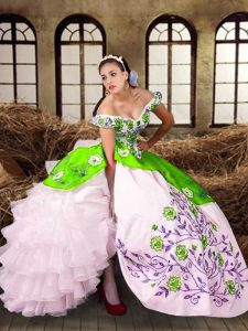 Custom Design Taffeta Off The Shoulder Sleeveless Lace Up Embroidery and Ruffled Layers Sweet 16 Quinceanera Dress in Mu