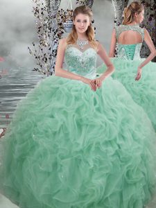 Apple Green Organza Lace Up Scoop Sleeveless Floor Length Quinceanera Gown Beading and Ruffles