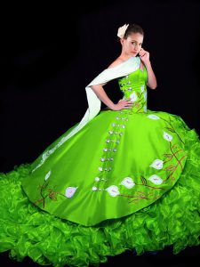 Sleeveless Brush Train Embroidery and Ruffles Lace Up Vestidos de Quinceanera