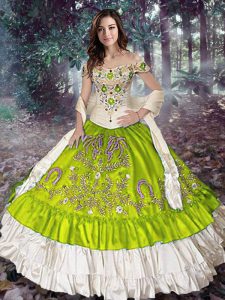 Pretty Yellow Green Sleeveless Floor Length Embroidery and Ruffled Layers Lace Up Quinceanera Dresses