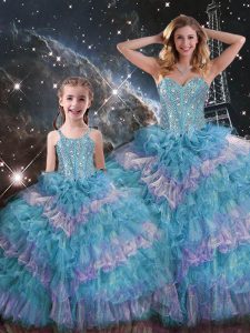 Beading and Ruffled Layers Quinceanera Dresses Multi-color Lace Up Sleeveless Floor Length