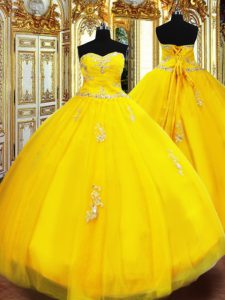 Hot Sale Sleeveless Tulle Floor Length Lace Up Sweet 16 Quinceanera Dress in Gold with Beading and Appliques