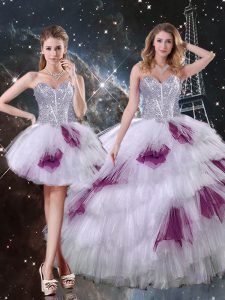 Floor Length Multi-color Ball Gown Prom Dress Tulle Sleeveless Beading and Ruffled Layers and Sequins