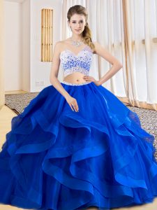 Fine Sleeveless Floor Length Beading and Ruffles Criss Cross Quinceanera Gown with Royal Blue