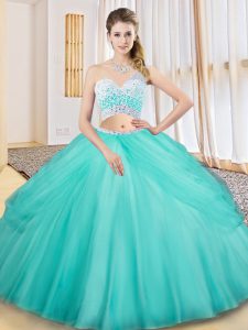 Aqua Blue Two Pieces Beading and Ruching and Pick Ups Sweet 16 Dress Criss Cross Tulle Sleeveless Floor Length