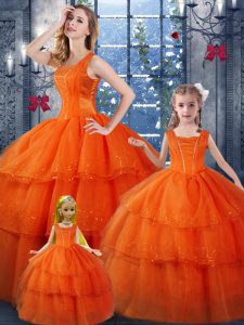 Eye-catching Straps Sleeveless Lace Up 15th Birthday Dress Orange Red Organza