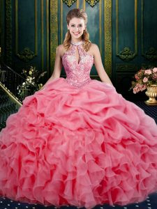 Nice Watermelon Red Sleeveless Organza Lace Up 15th Birthday Dress for Military Ball and Sweet 16 and Quinceanera