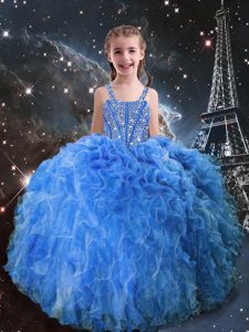 Baby Blue Glitz Pageant Dress Quinceanera and Wedding Party with Beading and Ruffles Straps Sleeveless Lace Up