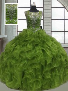 Olive Green Organza Lace Up Sweet 16 Dresses Sleeveless Floor Length Beading and Ruffles