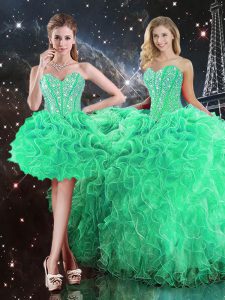 Edgy Green Ball Gowns Organza Sweetheart Sleeveless Beading and Ruffles Floor Length Lace Up Ball Gown Prom Dress