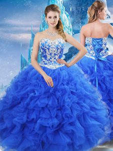 Popular Blue Sleeveless Floor Length Beading and Ruffles Lace Up 15 Quinceanera Dress