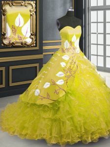 Organza Sweetheart Sleeveless Brush Train Lace Up Embroidery and Ruffles Sweet 16 Dress in Yellow