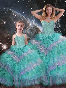 Best Multi-color Sweetheart Lace Up Beading and Ruffled Layers and Sequins Sweet 16 Quinceanera Dress Sleeveless