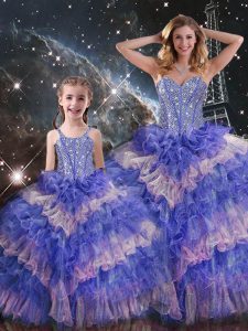 Stylish Sleeveless Floor Length Ruffled Layers and Sequins Lace Up Quinceanera Dresses with Multi-color