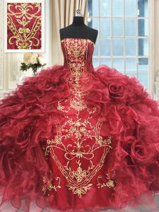 Colorful Wine Red Strapless Neckline Appliques and Ruffles Quince Ball Gowns Sleeveless Lace Up