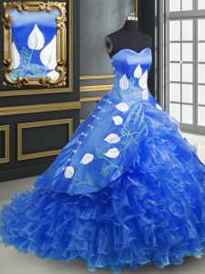 Noble Blue Organza Lace Up Quinceanera Dresses Sleeveless Brush Train Embroidery and Ruffles