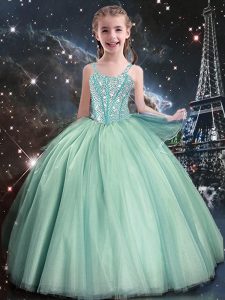 Turquoise Ball Gowns Straps Sleeveless Tulle Floor Length Lace Up Beading Little Girl Pageant Gowns