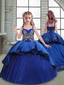 Lace Up Child Pageant Dress Royal Blue for Quinceanera and Wedding Party with Embroidery Brush Train