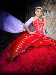 Customized Sleeveless Organza Brush Train Lace Up Quinceanera Gown in Red with Embroidery and Ruffles