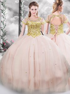 Elegant Pink Short Sleeves Beading Floor Length 15th Birthday Dress