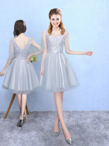 Fancy Silver Empire Tulle V-neck Half Sleeves Lace Knee Length Lace Up Wedding Guest Dresses