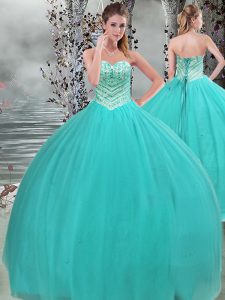 Pretty Turquoise Sleeveless Beading Floor Length Ball Gown Prom Dress