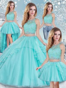 Sleeveless Floor Length Lace and Sequins Clasp Handle Sweet 16 Quinceanera Dress with Aqua Blue