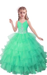Turquoise Ball Gowns V-neck Sleeveless Organza Floor Length Zipper Beading and Ruffled Layers Little Girls Pageant Dress