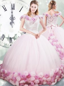 Off The Shoulder Sleeveless Fabric With Rolling Flowers Quinceanera Dresses Hand Made Flower Brush Train Lace Up