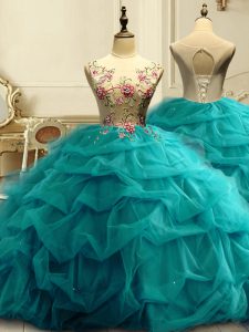 Luxurious Appliques and Ruffles and Sequins Quinceanera Gown Teal Lace Up Sleeveless Floor Length
