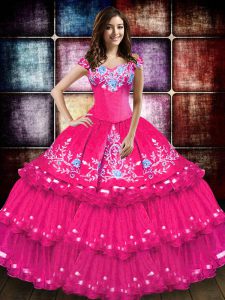 Colorful Floor Length Hot Pink 15 Quinceanera Dress Off The Shoulder Sleeveless Lace Up