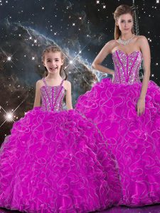 Sweet Sleeveless Floor Length Beading and Ruffles Lace Up Sweet 16 Quinceanera Dress with Fuchsia