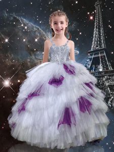 Tulle Sleeveless Floor Length Little Girls Pageant Dress Wholesale and Beading and Ruffled Layers