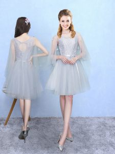 Half Sleeves Tulle Knee Length Lace Up Bridesmaid Gown in Silver with Lace