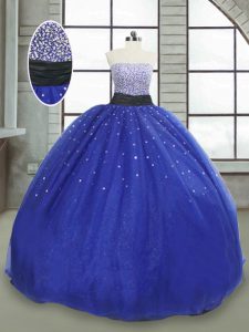 Charming Royal Blue Lace Up Strapless Beading and Sequins Sweet 16 Dresses Tulle Sleeveless