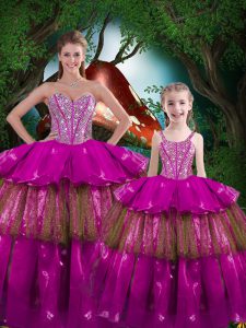 New Arrival Floor Length Fuchsia Quinceanera Gowns Organza Sleeveless Beading and Ruffled Layers