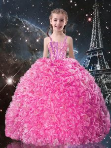 Rose Pink Organza Lace Up Little Girl Pageant Dress Sleeveless Floor Length Beading and Ruffles