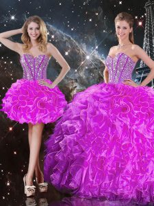 Free and Easy Fuchsia Sweetheart Neckline Beading and Ruffles Quince Ball Gowns Sleeveless Lace Up